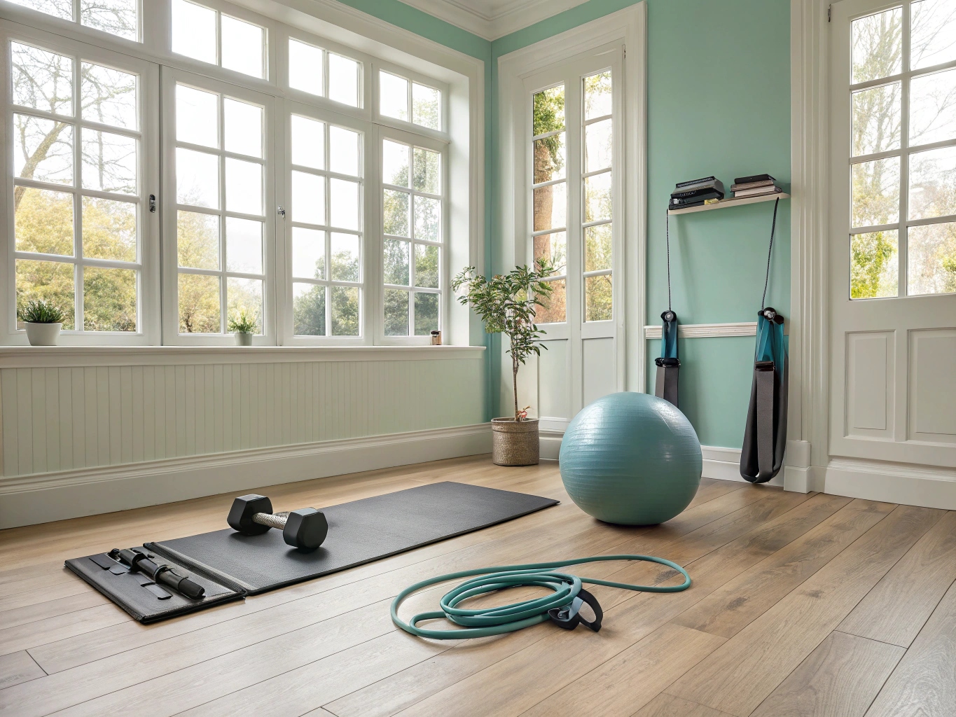Pilatesredskap varsamt placerade i ett hemmaträningsutrymme