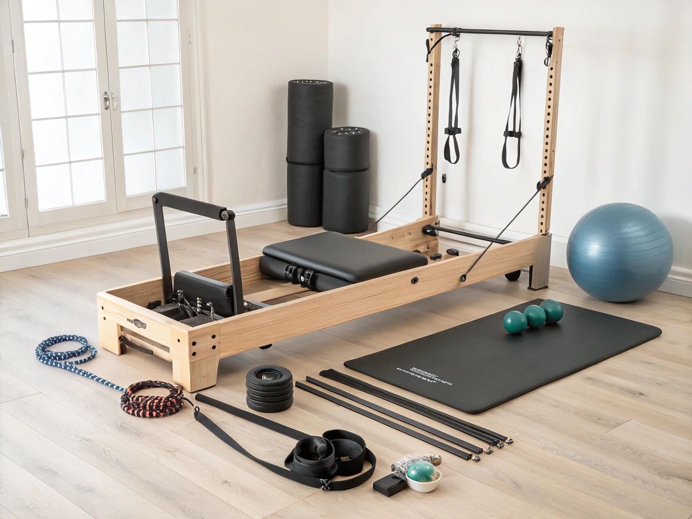 Olika pilatesredskap vackert arrangerade
